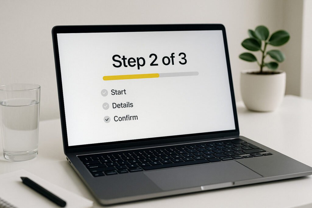 Laptop showing a progress bar labeled "Step 2 of 3," with start and confirm steps completed.