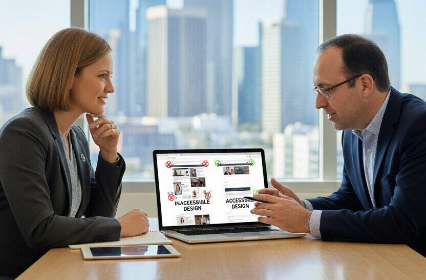 One man and a woman chatting about ADA compliant websites