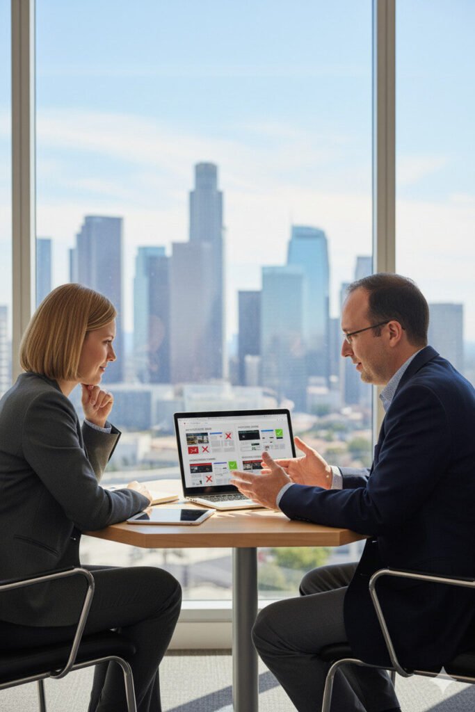 Two professionals discuss project details shown on a laptop in a modern office setting with a city view.