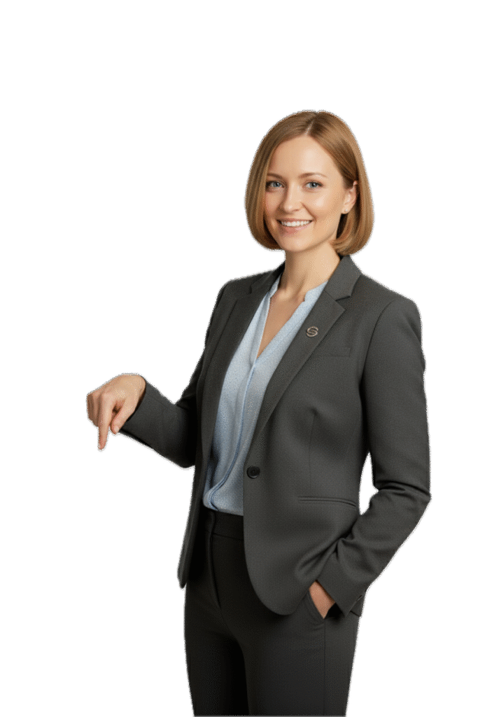 Smiling businesswoman in a suit pointing down with her finger, showcasing information below.