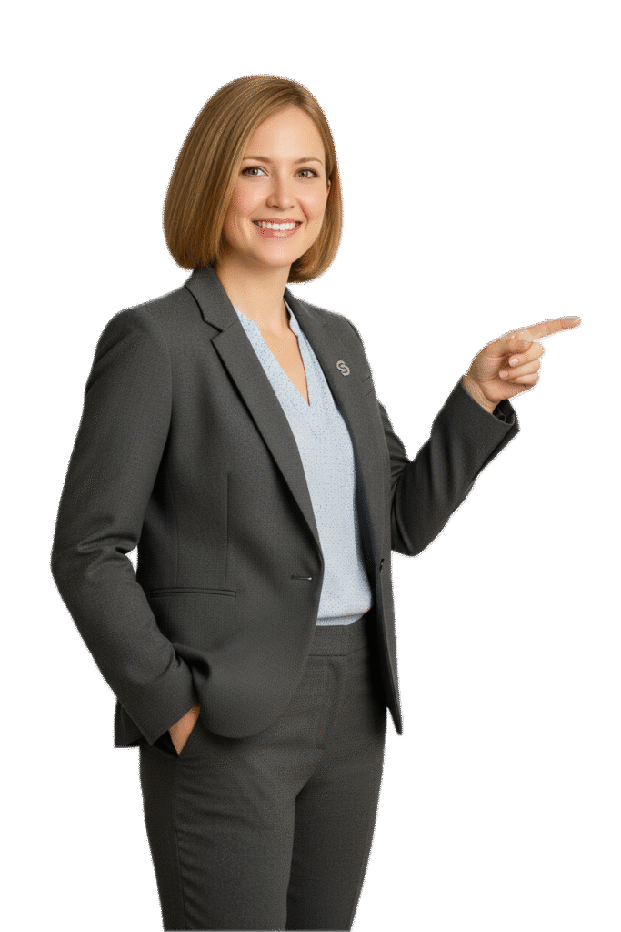 Professional woman in a suit smiling and pointing to the right.