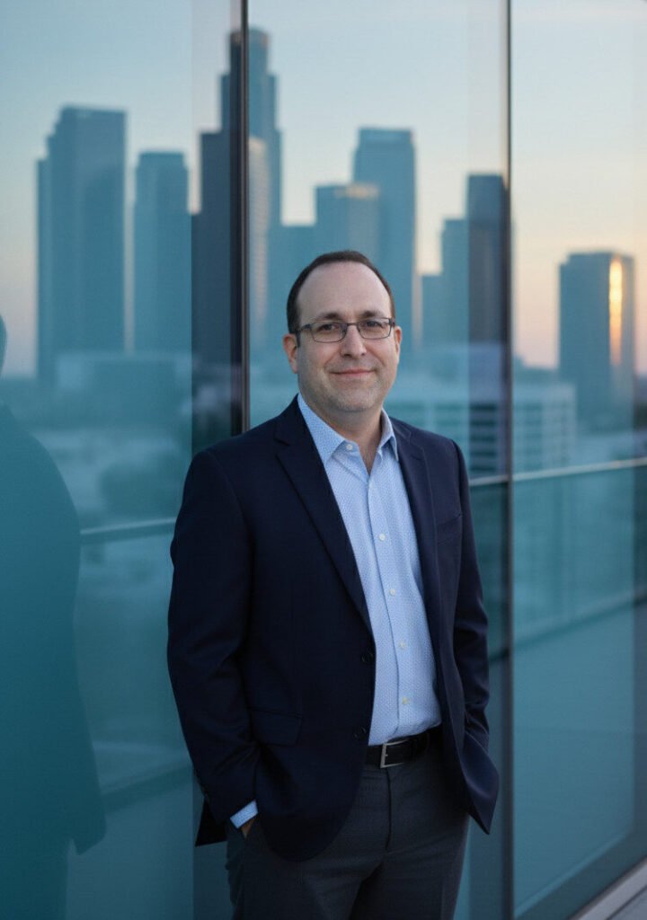 Man in suit stands before a glass wall with a cityscape background at sunset, smiling slightly.