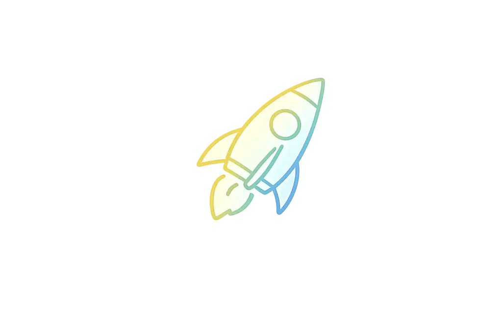 Illustration of a rocket ship launching, with a gradient of yellow to blue outline.