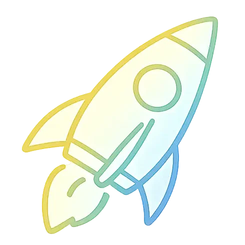 Stylized rocket ship with exhaust flames on a black background, featuring a gradient of yellow and blue colors.
