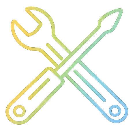 Outlined wrench and screwdriver crossed on a black background. Tools have a yellow-to-blue gradient fill.