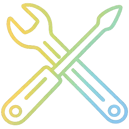 Illustration of a wrench and a screwdriver crossed, outlined in a gradient of yellow to blue.