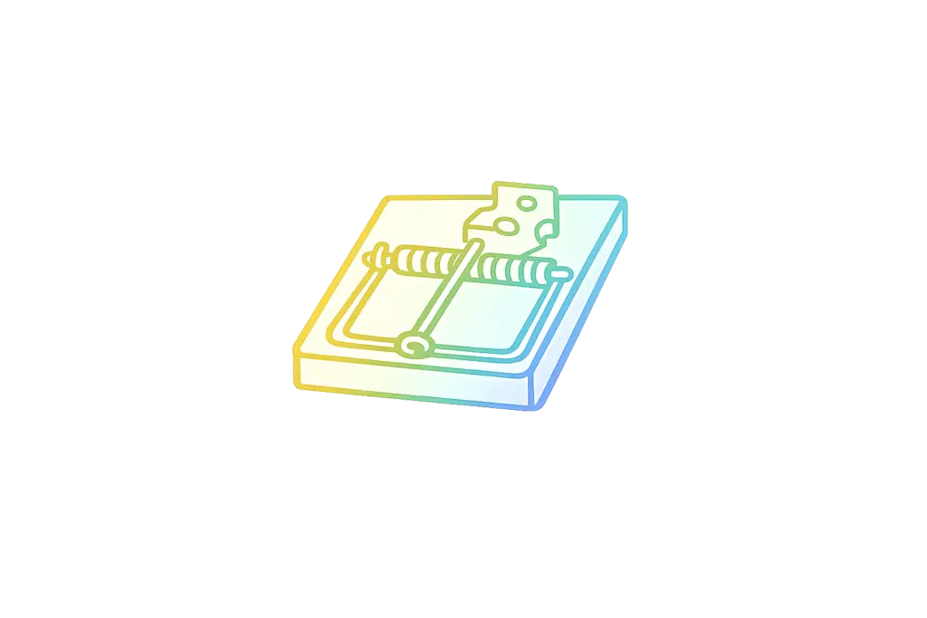 Cartoon-style mousetrap with cheese, outlined with a gradient from yellow to blue.