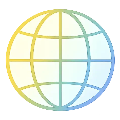 Globe icon with a yellow, green, and blue gradient on a dark background.