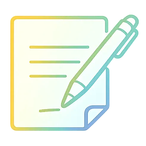 Stylized document with a pen signing it; colors transition from yellow to blue.