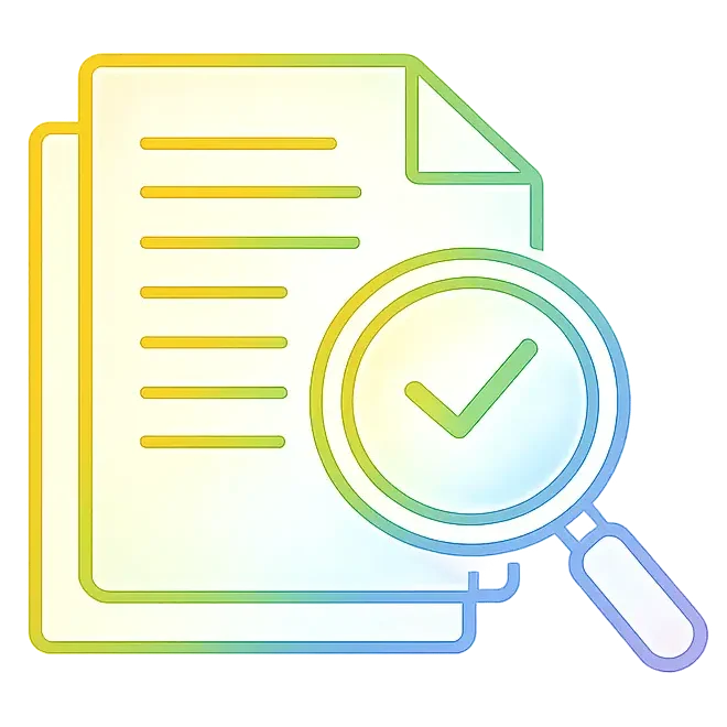 Document review icon: papers with text, magnifier glass, and checkmark.