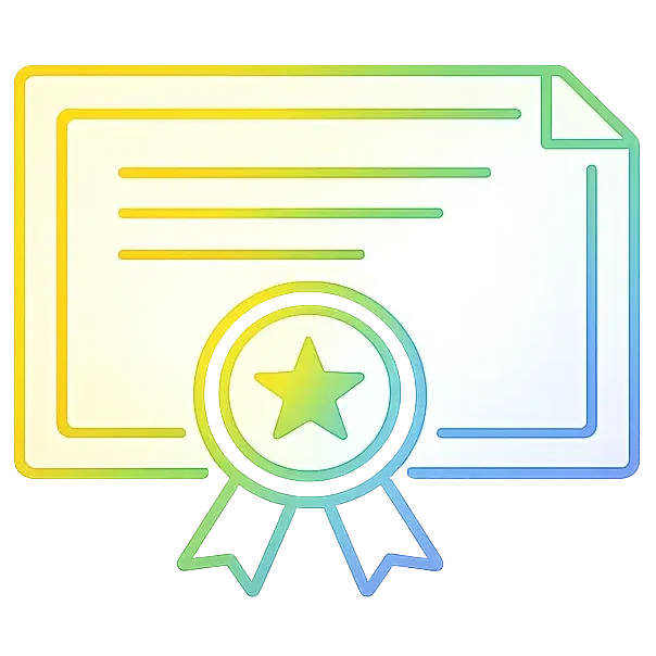 Certificate with star seal and ribbons; achievement or award icon with a gradient outline.