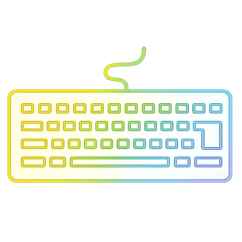 Keyboard with rainbow-colored outline, cable attached to top. Black background.