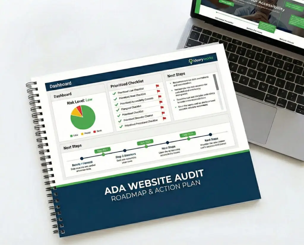 ADA website audit roadmap and action plan showing risk level, prioritized checklist, and next steps.