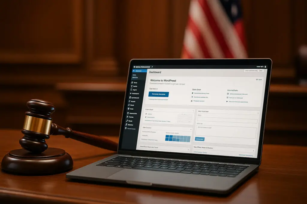 Gavel and laptop on a wooden desk in front of a US flag, showing a WordPress dashboard screen.