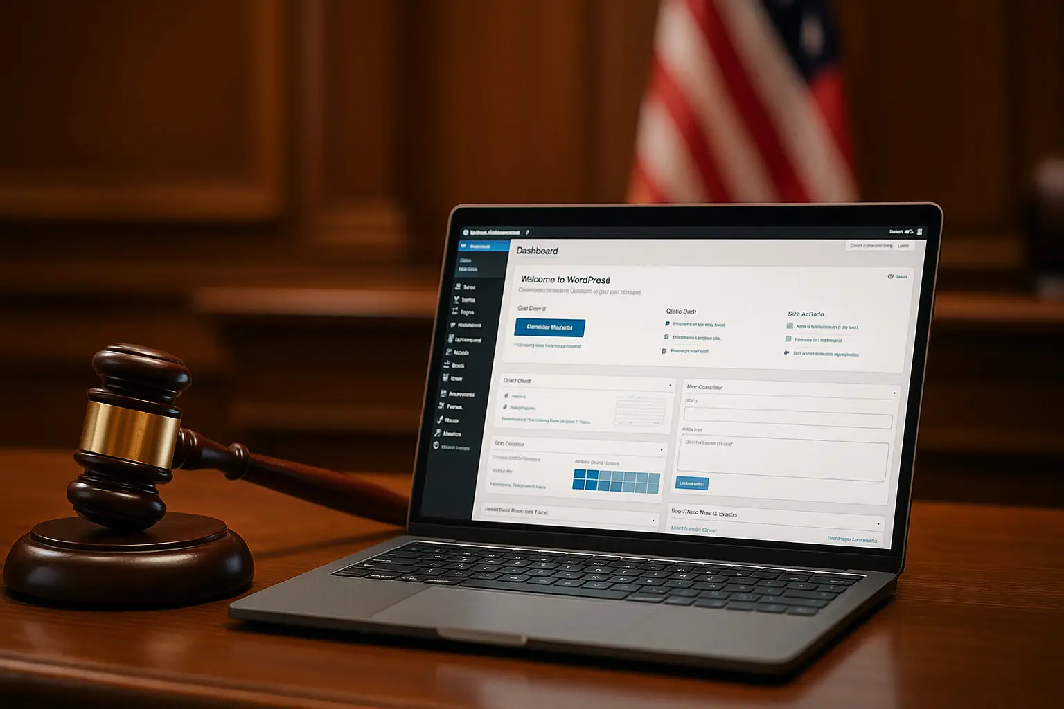 Gavel next to laptop displaying a WordPress dashboard in a courtroom