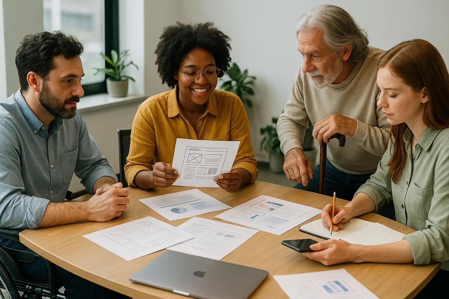 Four people collaborating on a design project