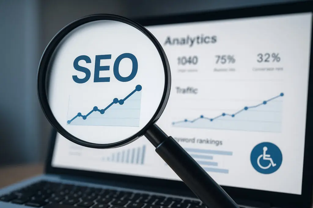 Magnifying glass over screen showing SEO and upward-trending analytics charts.