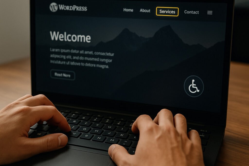 Person typing on a laptop displaying a WordPress website with a welcome message and accessibility icon.