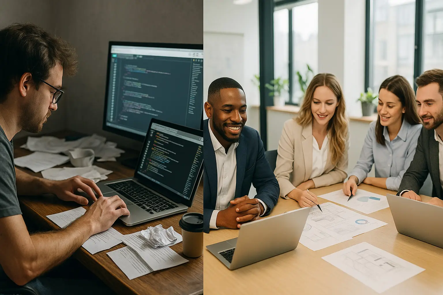 Two scenes: coder at cluttered desk and business team collaborating