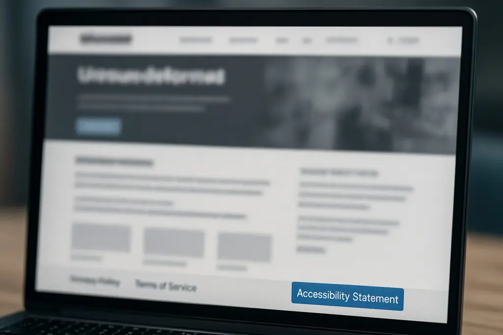 Laptop screen showing a website with an 'Accessibility Statement' button at the bottom.