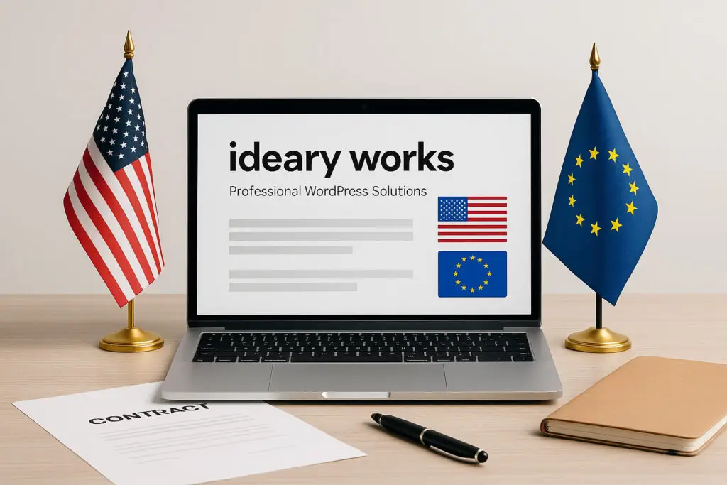 Laptop displaying 'ideary works' with flags of the USA and EU, contract, pen, and notebook on a desk.