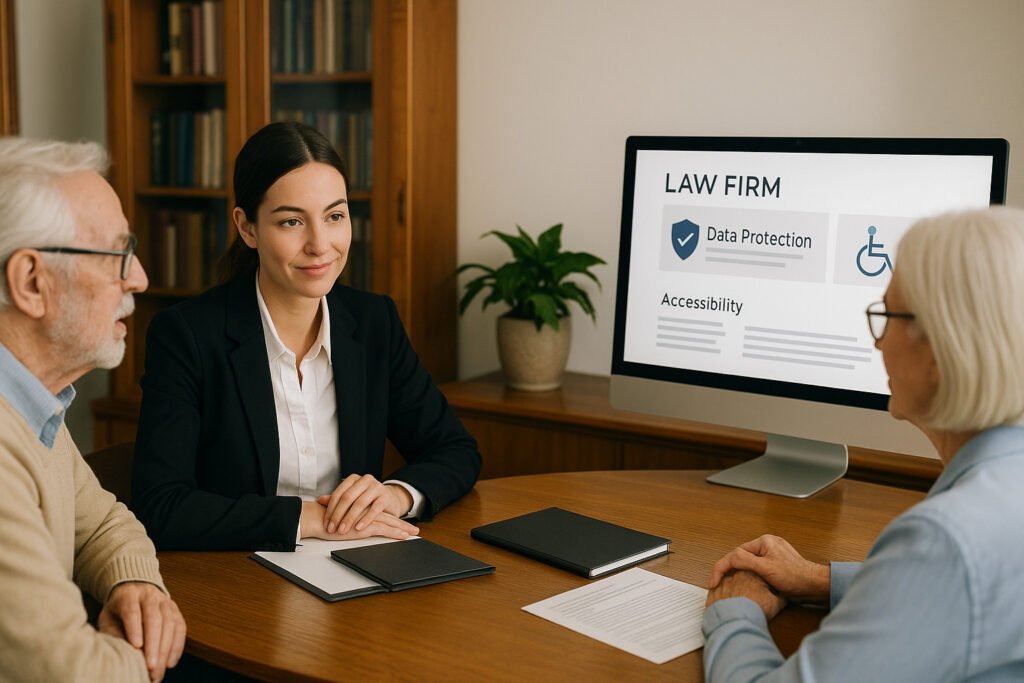 Senior couple meets with a lawyer who is discussing data protection and accessibility with them.