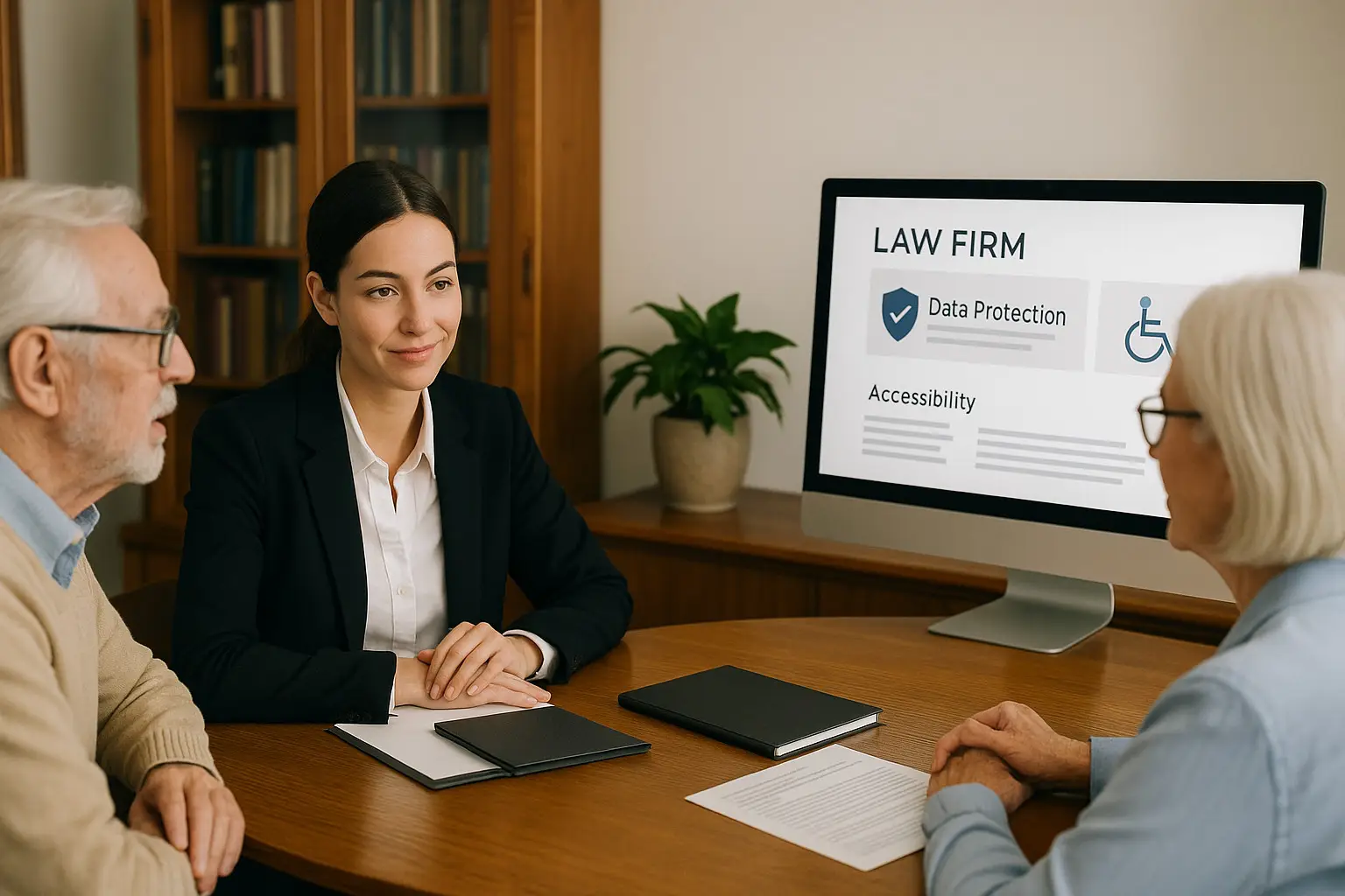 Senior couple consults with a lawyer at her desk.