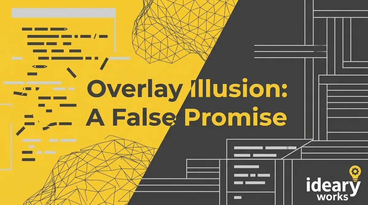 Yellow and dark gray background with text Overlay Illusion a false promise