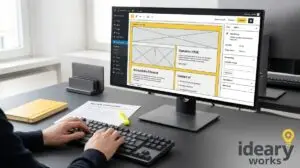 Hands typing on a keyboard, a monitor showing a WordPress website layout with "Accessibility Features" visible.