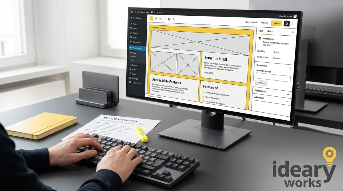 Hands typing on a keyboard, a monitor showing a WordPress website layout with "Accessibility Features" visible.