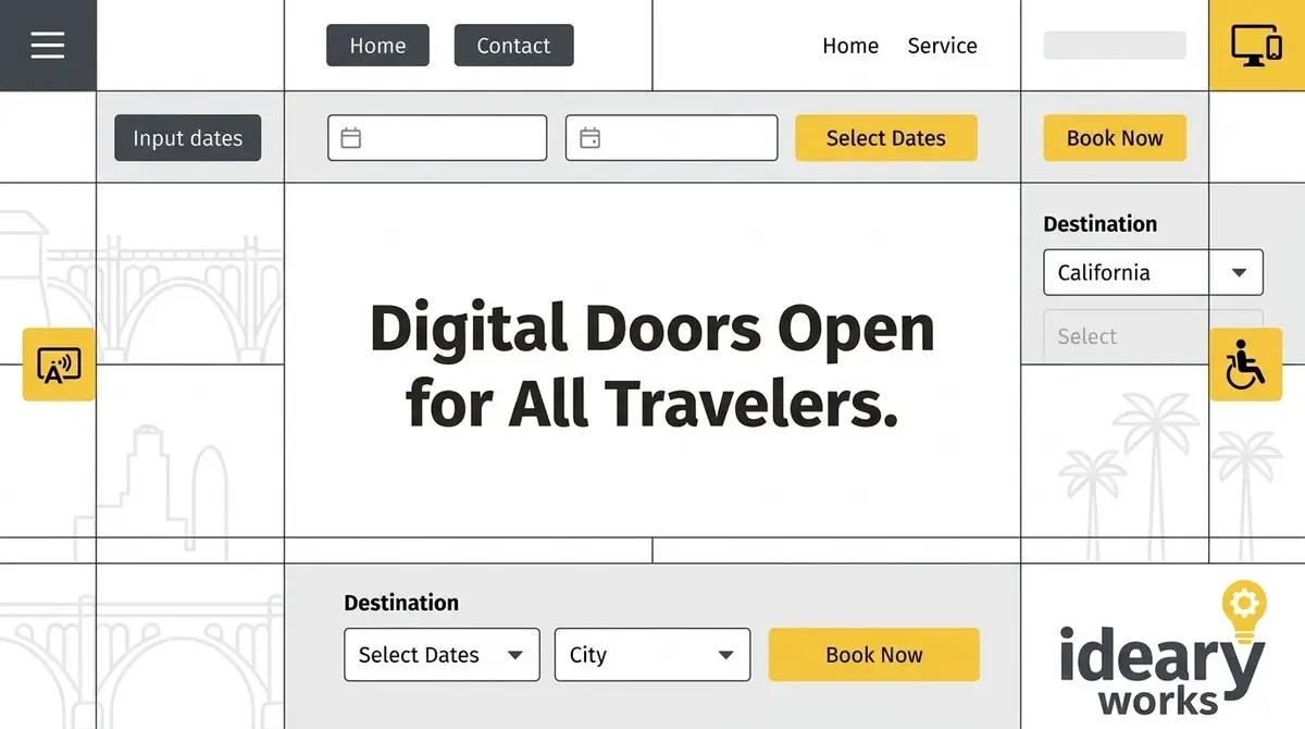 A website wireframe with "Digital Doors Open for All Travelers" and accessibility icons.