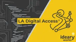 Abstract graphic with "LA Digital Access" text, circuit lines, and a connected people icon on a yellow/black background.