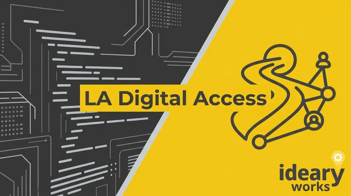 Abstract graphic with "LA Digital Access" text, circuit lines, and a connected people icon on a yellow/black background.