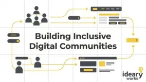 Diagram shows people connecting to digital interfaces, with text "Building Inclusive Digital Communities.