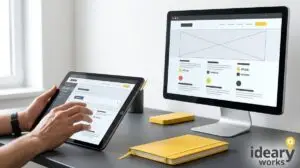 Hands interact with a tablet displaying website wireframes next to a monitor showing design elements.