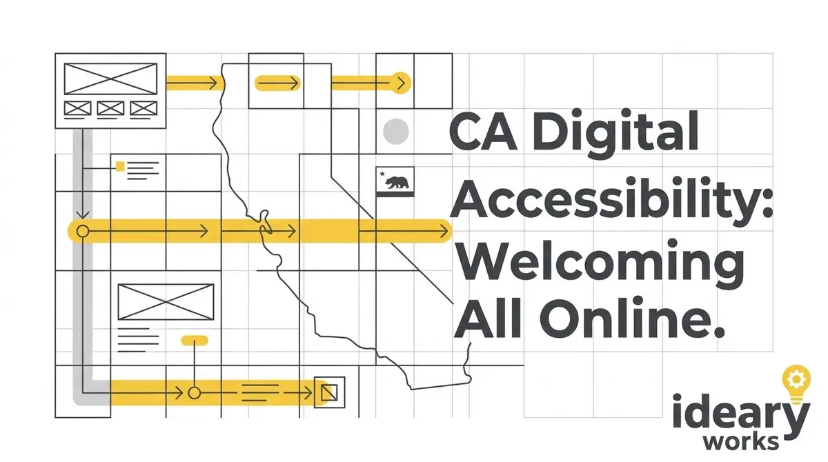 Wireframe elements and yellow arrows overlay a grid and California outline, with text: CA Digital Accessibility.