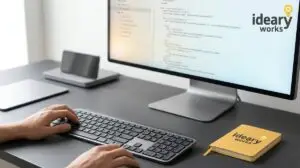 Hands type on a keyboard at a desk with a monitor displaying code and an Ideary Works notebook.
