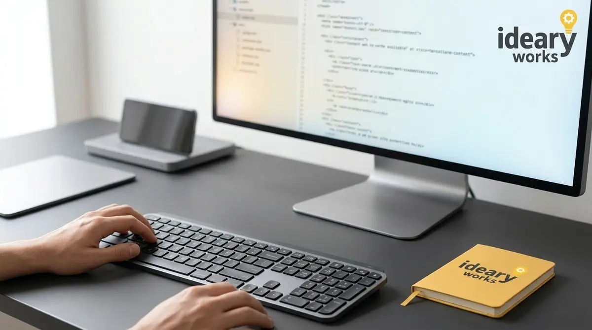 Hands type on a keyboard at a desk with a monitor displaying code and an Ideary Works notebook.