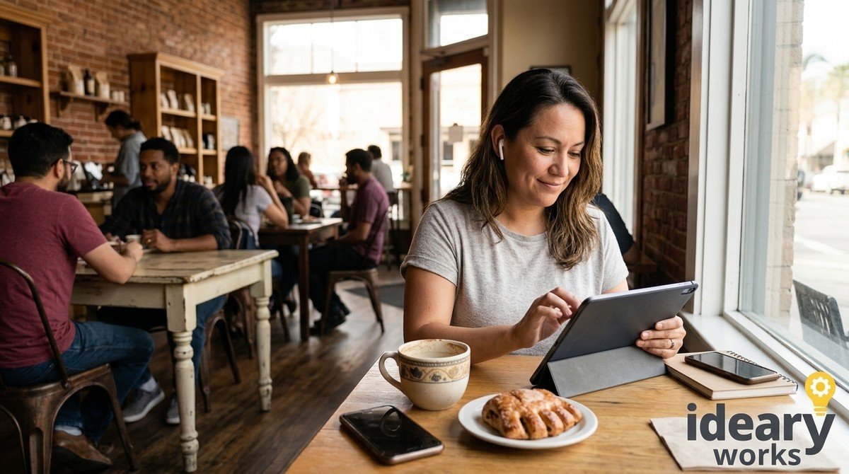 Woman with earbuds smiles, using a tablet at a cafe table with coffee and pastry. Others chat in background.