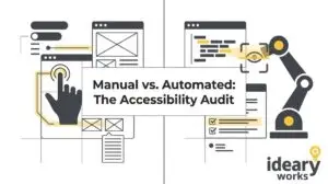 Illustration comparing manual accessibility auditing methods (hand clicking UI) with automated methods (robot arm scanning co