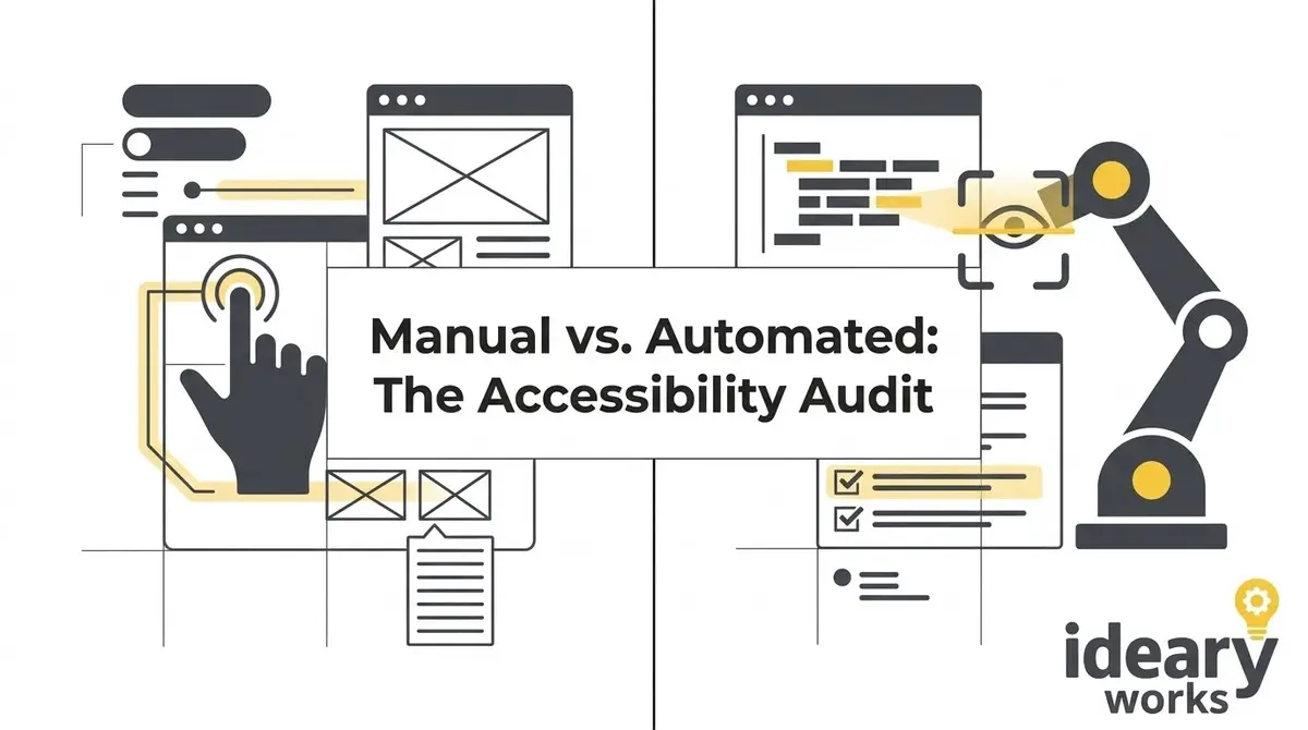 Illustration comparing manual accessibility auditing methods (hand clicking UI) with automated methods (robot arm scanning co