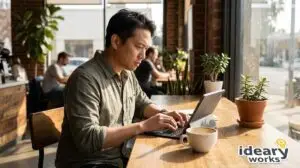 Man in a cafe typing on a laptop, with a coffee cup and potted plant on the wooden table.