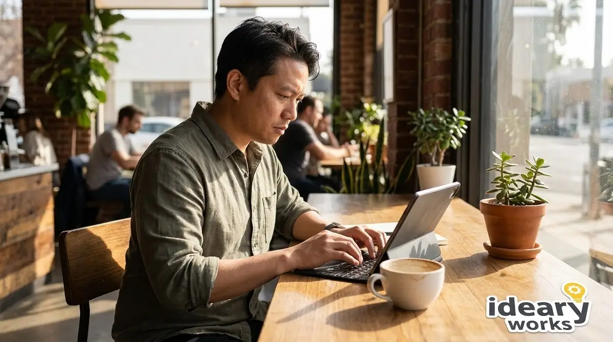 Man in a cafe typing on a laptop, with a coffee cup and potted plant on the wooden table.