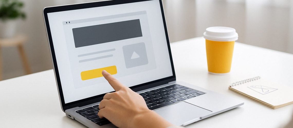 Click to Connect Finger points to button on laptop displaying a website layout. Coffee and notepad are next to it.