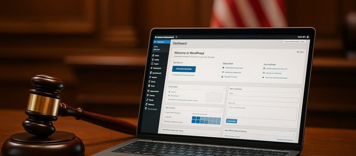 Gavel neben einem Laptop, auf dem das WordPress-Dashboard angezeigt wird, mit einer amerikanischen Flagge im Hintergrund.