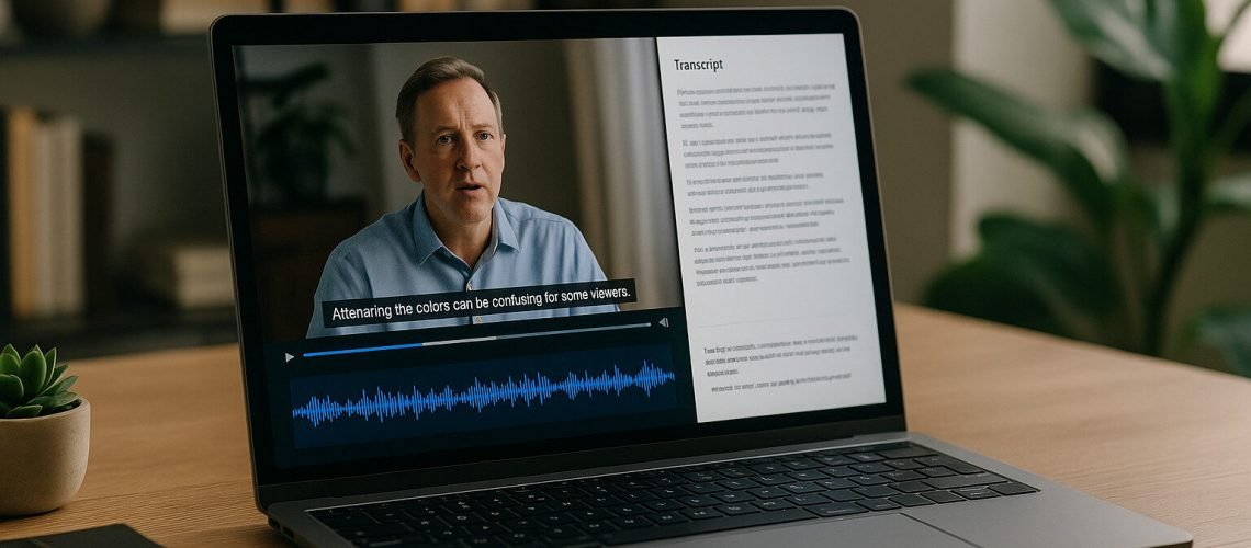 Laptop displaying a video with captions and transcript, situated on a wooden desk next to a notebook.