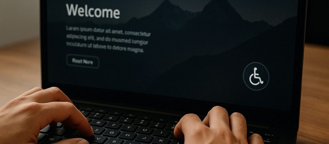 Hands typing on a laptop keyboard displaying a WordPress website with an accessibility icon.