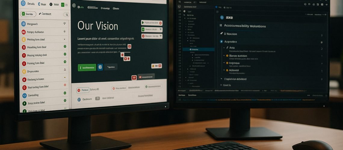 Two computer screens showing code and website design, along with a keyboard and mouse on a desk.