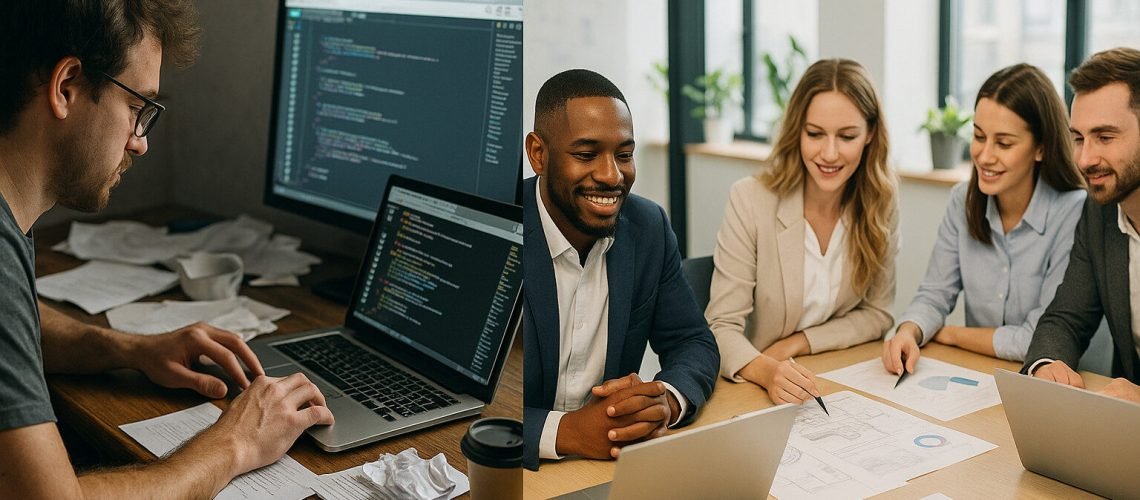 Split screen showing a coder working solo and a diverse team collaborating around a table in an office.
