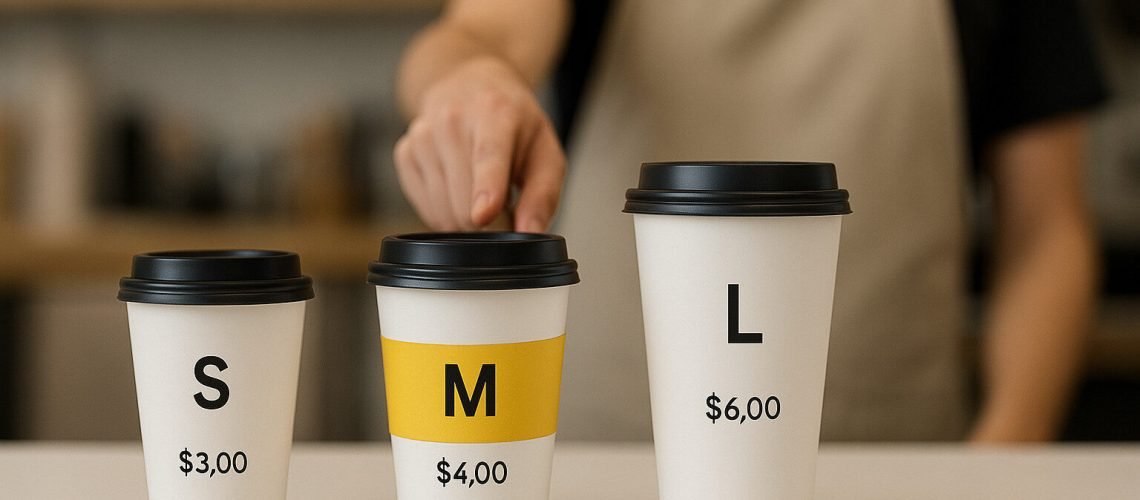 Coffee Sizes Available Three coffee cups labeled S, M, and L with prices, barista's hand near the M size.